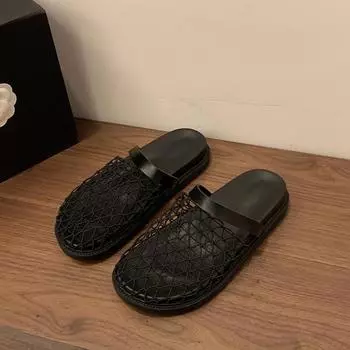 Нишевые однословные ремни, сетчатые сумки с полым верхом, женские уличные тапочки, лето 2025, новые прохладные тапочки на плоской подошве 35 чёрный