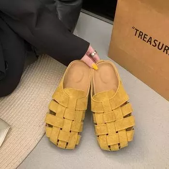 Нишевые ретро плетеные баотоу полушлепанцы женская обувь для улицы 2025 новый летний мягкая подошва на одной педали 35 жёлтый