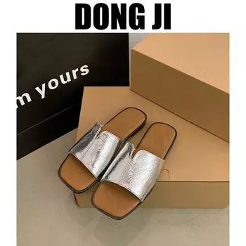 Нишевые ретро-тапочки на низком каблуке серебристого цвета для женской верхней одежды, лето 2025, новые пляжные тапочки с плоской подошвой, односложные 35 чёрный