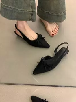 Нишевые сандалии Баотоу 2025 весна темперамент элегантный бант квадратный носок мелкий вырез танкетка высокий каблук 35 чёрный