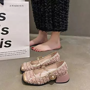 Нишевые высококачественные туфли Мэри Джейн с пайетками женские туфли 2024 года новые весенние туфли на плоской подошве во французском стиле вечерние туфли 34 чёрный