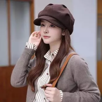 Нишевый берет с плиссированным утиным язычком для детей, осенне-зимний показ мод, маленькая шляпа в виде облака, британская ретро-восьмиугольная шляпа газетчика M56-58cm чёрный