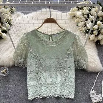 Нишевый Cheongsam Design Sense Улучшенное кружево Шифон с короткими рукавами Великолепная сотня с оборками по краям Шикарные полые топы