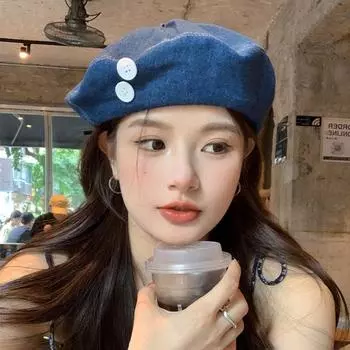 Нишевый дизайн джинсовый берет женский универсальный шляпа художника-бутона с пуговицами большая окружность головы шляпа с изображением маленького лица M56-58cm темно-синий