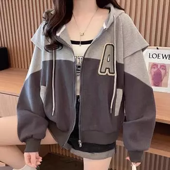 Нишевый дизайн кардиган куртка с капюшоном женская осень корейская версия свободная женская одежда большого размера ранняя осень тонкий контрастный свитер M тёмно-синий