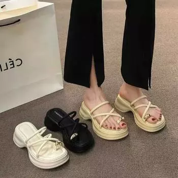 Нишевый дизайн, комплект женских тапочек на среднем каблуке, босоножки на платформе, 2024, новые универсальные тонкие ленивые босоножки, увеличивающие рост 35 чёрный