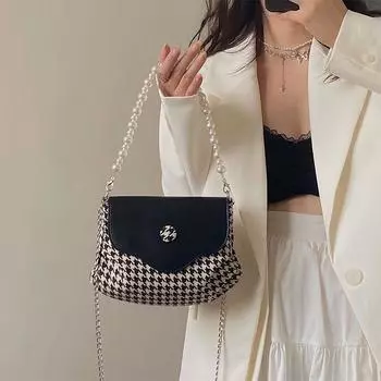 Нишевый дизайн, контрастная цветная цепочка, сумка подмышкой для женщин, высококачественная сумка через плечо с узором «гусиная лапка» и жемчугом, новый тренд
