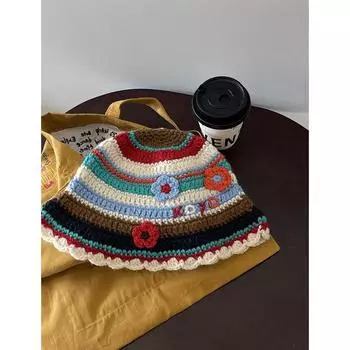 Нишевый дизайн крючком для рук ранняя осень цвет полосатый цветок шерстяная шапка-ведро показывающая лицо маленькая вязаная шапка прилив M56-59cm