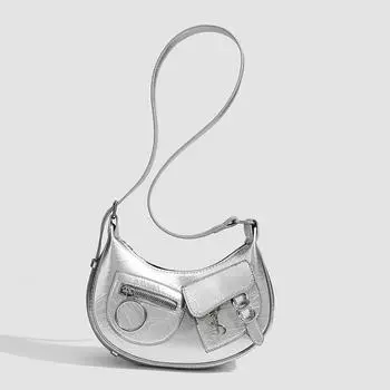 Нишевый дизайн Модная ретро-панк-сумка в стиле полумесяца Все просто Стиль Одно плечо Сумка через плечо серебряный