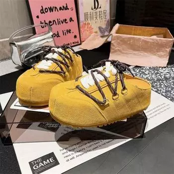 Нишевый дизайн, модная сумка на толстой подошве, женская обувь на шнуровке из матовой кожи 2025 года, модные тапочки 35 жёлтый