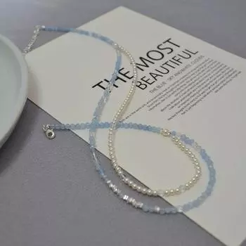 Нишевый дизайн, модный свежий литературный синий настоящий камень жемчуг бисер двойное ожерелье ключица цепочка