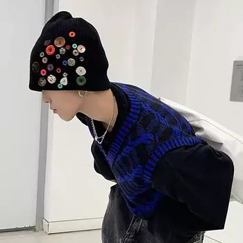 Нишевый дизайн осенне-зимняя теплая вязаная шерстяная шапка на пуговицах женская звезда с такой же холодной шапкой M56-58cm
