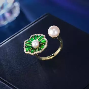 Нишевый дизайн, персонализированное кольцо для указательного пальца, регулируемое отверстие, высококачественное чувство, новое китайское жемчужное кольцо с листом лотоса Guochao зелёный