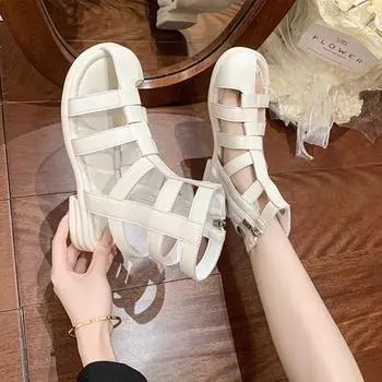 Нишевый дизайн полусапоги с открытым носком, крутые ботинки на толстом каблуке, кожаная боковая молния, высокие сандалии для женщин 35