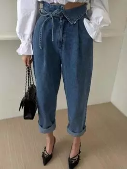 Нишевый дизайн, повседневные джинсы с ремешком на талии, женские весенние новые корейские стильные ретро темпераментные синие прямые шаровары, брюки S синий