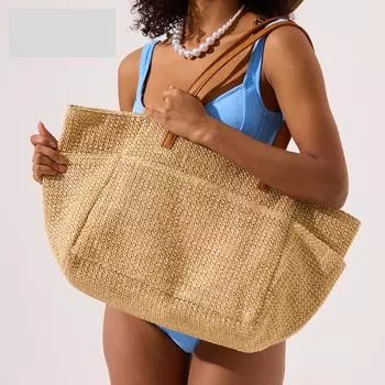 Нишевый дизайн праздничная большая вместительная соломенная сумка летняя пляжная сумка с двумя карманами Mori Tote Bag хаки