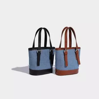 Нишевый дизайн ретро контрастного цвета портативная сумка-ведро женская 2024 новая корейская мода джинсовая сумка через плечо коричневый