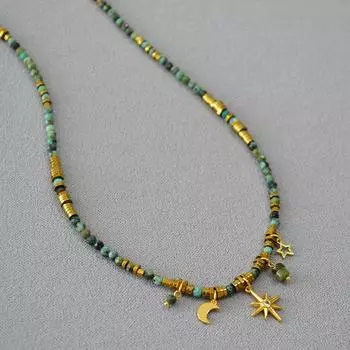 Нишевый дизайн ретро литературный бирюзовый бисер звезды луна кулон короткое ожерелье для женщин