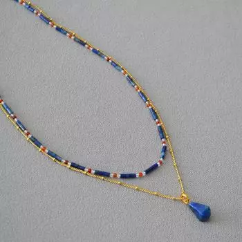 Нишевый дизайн ретро литературный и художественный лазурит бисер огранка ромб кулон двухслойное ожерелье