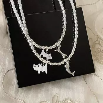 Нишевый дизайн Sense Cat Eats Fish Подвеска Жемчужное ожерелье Женский Простой Личность Универсальный Темперамент Модная цепочка на шею Цепочка на ключицу