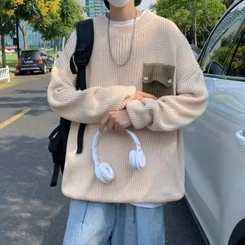 Нишевый дизайн свитера для мужчин, модный ретро-свитер с круглым вырезом, контрастный осенний цвет, ленивый стиль для пары свитеров M