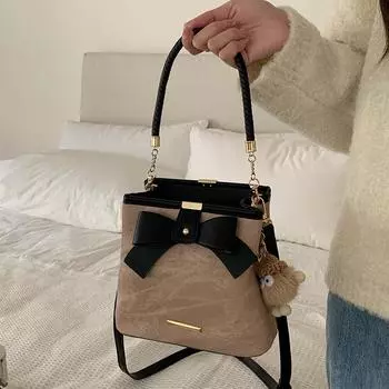 Нишевый дизайн Текстура бант Ретро литературная ручная сумка-ведро Женская повседневная универсальная сумка через плечо на одно плечо