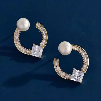 Нишевый дизайн, Высококлассный темперамент, Серьги-пусеты из пресноводного жемчуга, Женские геометрические серьги C-образной формы с цирконием золотой