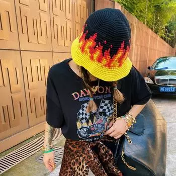 Нишевый дизайнер весенняя шапка ручной работы в стиле ретро рыбака с изображением пламени для детей, маленькая вязаная шапочка для бассейна, прилив M56-59cm пламенный