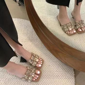 Нишевый французский стиль~! Женские летние тапочки с открытым носком и квадратным каблуком, однотонные плетеные тапочки в стиле ретро с тонким каблуком 35