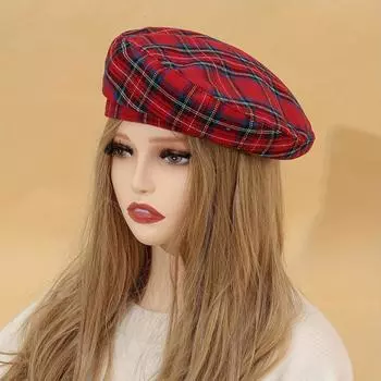 Нишевый клетчатый берет женский тренд уличная мода плоский верх шляпа бутон литературный ретро шляпа художника one size fits all красный