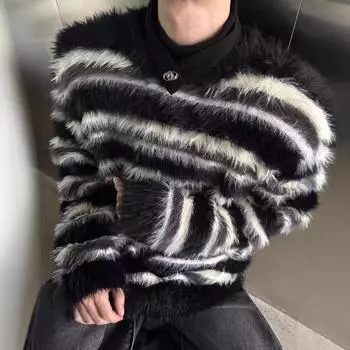 Нишевый модный брендовый свитер в черно-белую полоску для мужчин на осень и зиму, свободный, мягкий и вощеный, ленивый, с круглым вырезом M