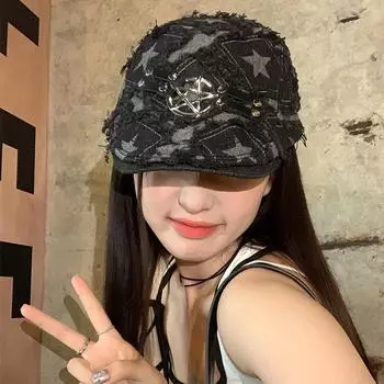 Нишевый панк-стираный старые звезды ковбойский берет женская летняя шляпа газетчика с изображением лица шляпа с утиным языком вперед M56-58cm чёрный
