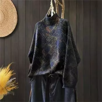 Нишевый принт с воротником-стойкой и длинными рукавами винтажный свитер женский зимний свободный ретро-свитер One Size темно-синий