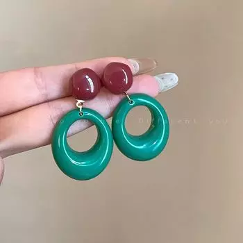 Нишевый стиль Ретро Гонконгский стиль Синий, Женский стильный круг Green circle earrings-Silver Needle