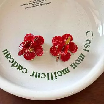 Нишевый стиль Ян Цайюй такой же стиль женский ретро приморский цветок Ankle Red Flower Earrings-Silver Pins