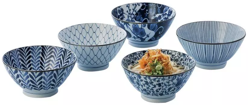 Nishikai Ceramic Picture Presentation Made in Diameter 18 Set of 5 31756 Bowl, Indigo, Change, Box, Japan, cm,