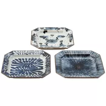 Nishikai Ceramics Hasami Ware Plate Dishes 15 x 16 cm Set of 3 in Cosmetic Box Hand Painted Old Dyed Crest Octagonal Made in Japan 20582 Navy тёмно-синий
