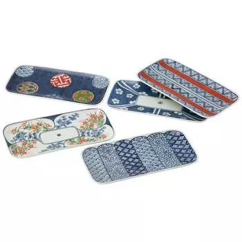 Nishikai Pottery Hasami Ware Long Square Plate 24 x 12 cm Set of 5 Dyed Nishiki Pattern Made in Japan 20638 Navy Approx.