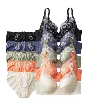 Nissen Innerwear of Deep Cup Knit Lace Bra and Panties for a Stable Set 5-Pack 3/4 Fit, G90/3L-4L