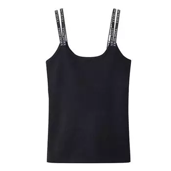 Нить Вязание Хлопок Стрейч Маленький Топ-Слинг Летняя Майка с Буквами На Бретелях Внутренняя Одежда Верхняя Одежда Красивая Спина Базовая Футболка Чистое Желание Black M
