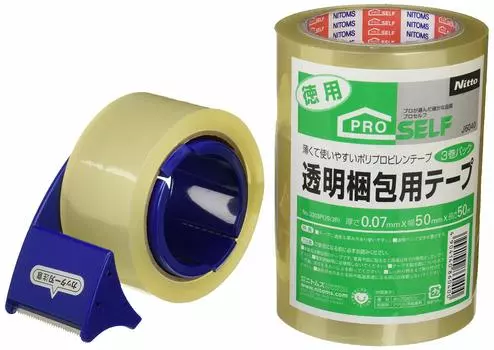 Nitoms Transparent Packing Tape 50mm x 50m J6030 with cutter 3 roll pack No.3303