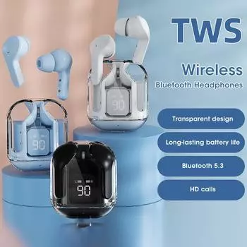 Niye Прозрачные беспроводные Bluetooth-наушники с шумоподавлением, стереонаушники с цифровым дисплеем, чехол для зарядки, водонепроницаемый игровой белый