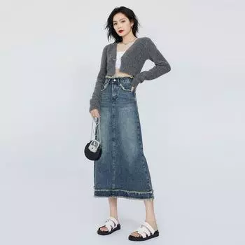 Низ элегантный классический женский дизайн необработанный край женский покрой мясо А-силуэт ретро пакет бедра средней длины универсальный удобный модный деним юбка-бюстье S джинсовый
