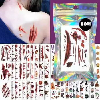 Nizel Children s Halloween Wound Tattoo Sticker Kids Henna Tattoo Replica, 1 комплект, Halloween Mini C Set (60 шт.) (Раны + А)