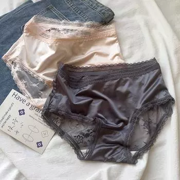 Нижнее белье атласные кружевные сексуальные трусы женское нижнее белье с бантом на бедрах высококачественные легкие роскошные полупрозрачные треугольные трусики M шампанского