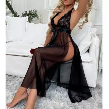 Нижнее белье Babydoll Lace Perspective для женщин, сексуальное прозрачное, униформа, халтер, черное длинное платье, соблазнительная пижама с боковыми разрезами, эротическое нижнее белье S