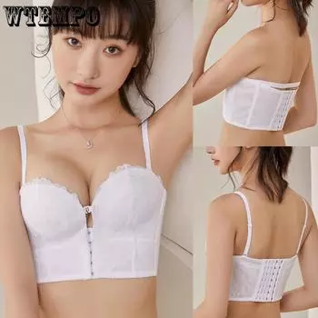 Нижнее белье без бретелек с застежкой спереди для женщин, собирающихся вместе, нескользящее невидимое платье, бюстгальтер без бретелек с лентой, обтягивающий грудь 32/70A белый