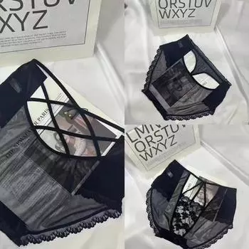 Нижнее белье Большие черные кружевные сексуальные трусы Pure Desire Кружевное нижнее белье Однотонные сетчатые ультратонкие быстросохнущие треугольные трусики one size
