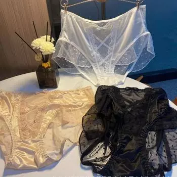 Нижнее белье Большие кружевные трусы женские фея бант сексуальные кружевные трусы ультратонкие прозрачные с высокой талией большие пластины треугольные трусики One size чёрный