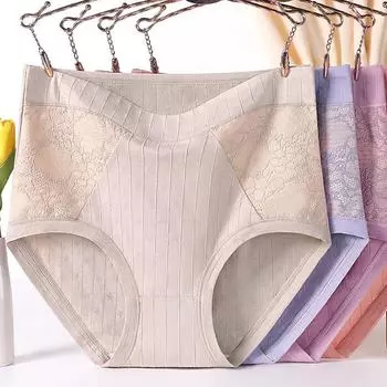 Нижнее белье больших размеров для женщин среднего возраста, хлопковые кружевные трусики, нижнее белье, трусы с высокой талией XL розовый